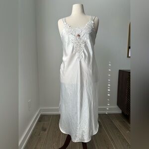 Classic White Satin Lace-Trim Slip Dress with Floral Accent